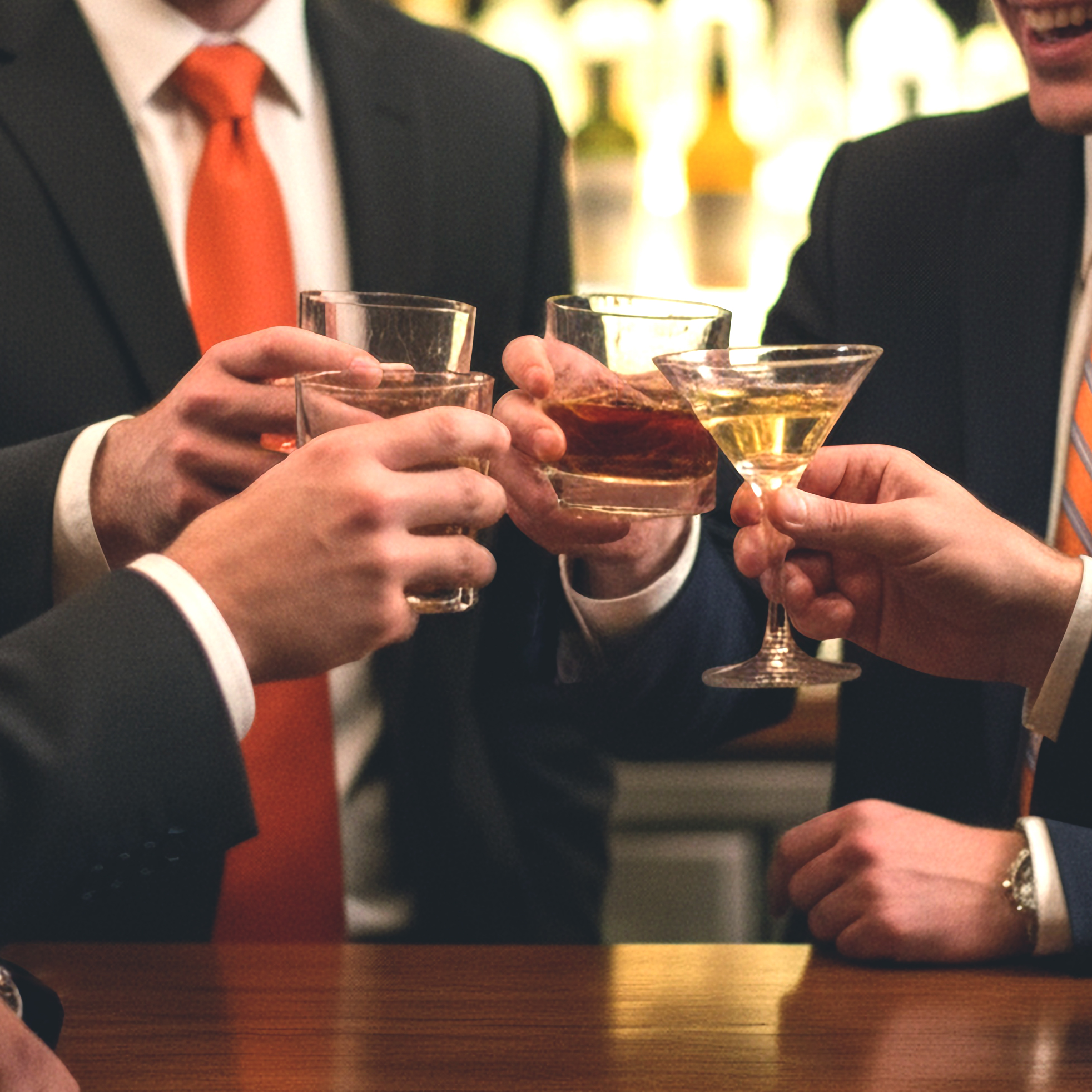 People putting their colorful drinks together in a celebratory cheers